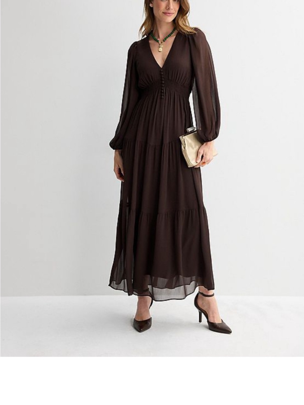 Taylor Chocolate Brown V-Neck Tiered Maxi Dress
